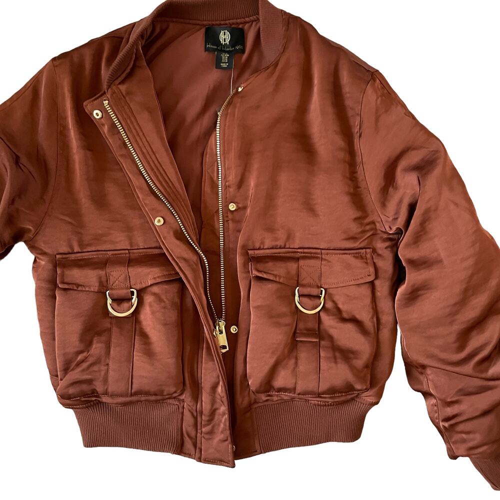 HOUSE OF HARLOW 1960 Women's Satin Zip Up Bomber Jacket Size M Copper Brown NEW - Picture 7 of 16